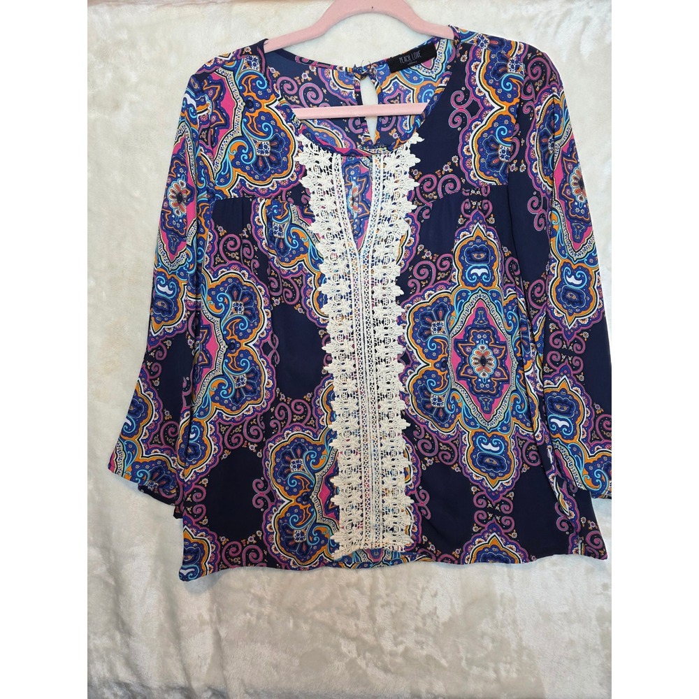 Peach Love California Navy Paisley Crochet Lace V-Neck Boho Blouse Top Womens